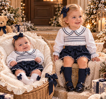 Load image into Gallery viewer, Deolinda Girls Smocked Navy Velvet Jolly Jam Pant Set