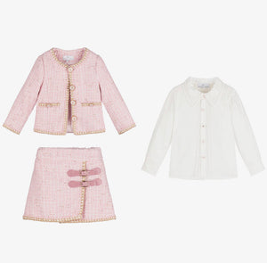 Beau Kid Girls Pink Tweed Skirt Set