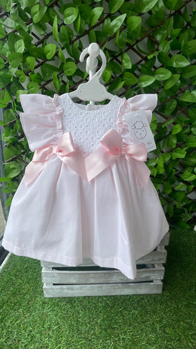 WEE ME BABY GIRL PINK WAFFLE PUFF BALL FRILLY SHOULDER DRESS WITH PANTS