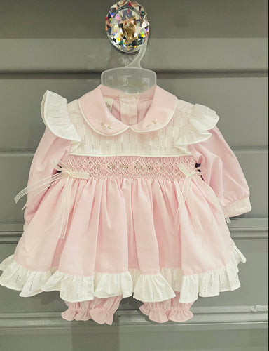 Pretty Originals Girls Smocked Rose Bloomer Set - Baby Pink & Cream