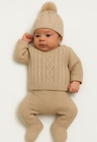 Baby Boys Cable Knitted Set with Pom-Pom Hat - Camel