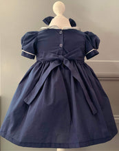 Load image into Gallery viewer, Bubba Booties Girls Smocked Dress - Navy &amp; White