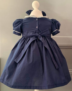 Bubba Booties Girls Smocked Dress - Navy & White