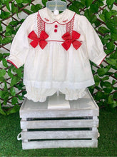 Load image into Gallery viewer, Pretty Originals Girls Smocked Cream &amp; Red Romper Set