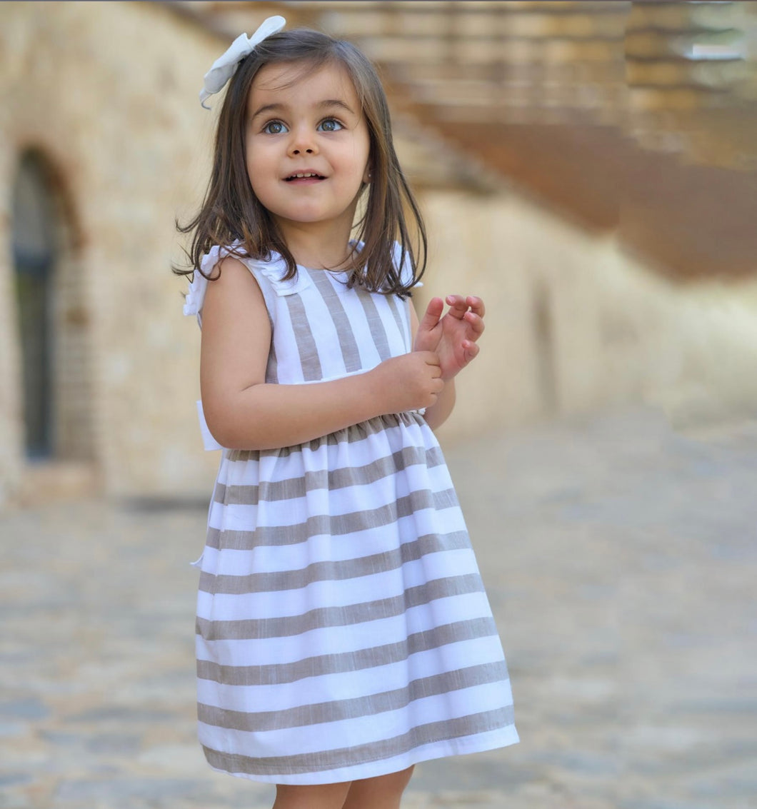 Rapife Girls Stripped Camel & White Dress