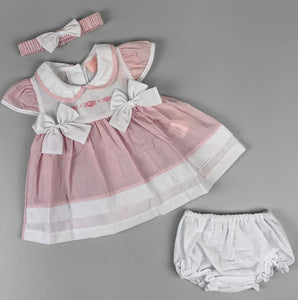 Rock-a-Bye Baby Girl Pink Striped Summer Dress Set – Embroidered Front, Matching Headband & Knickers