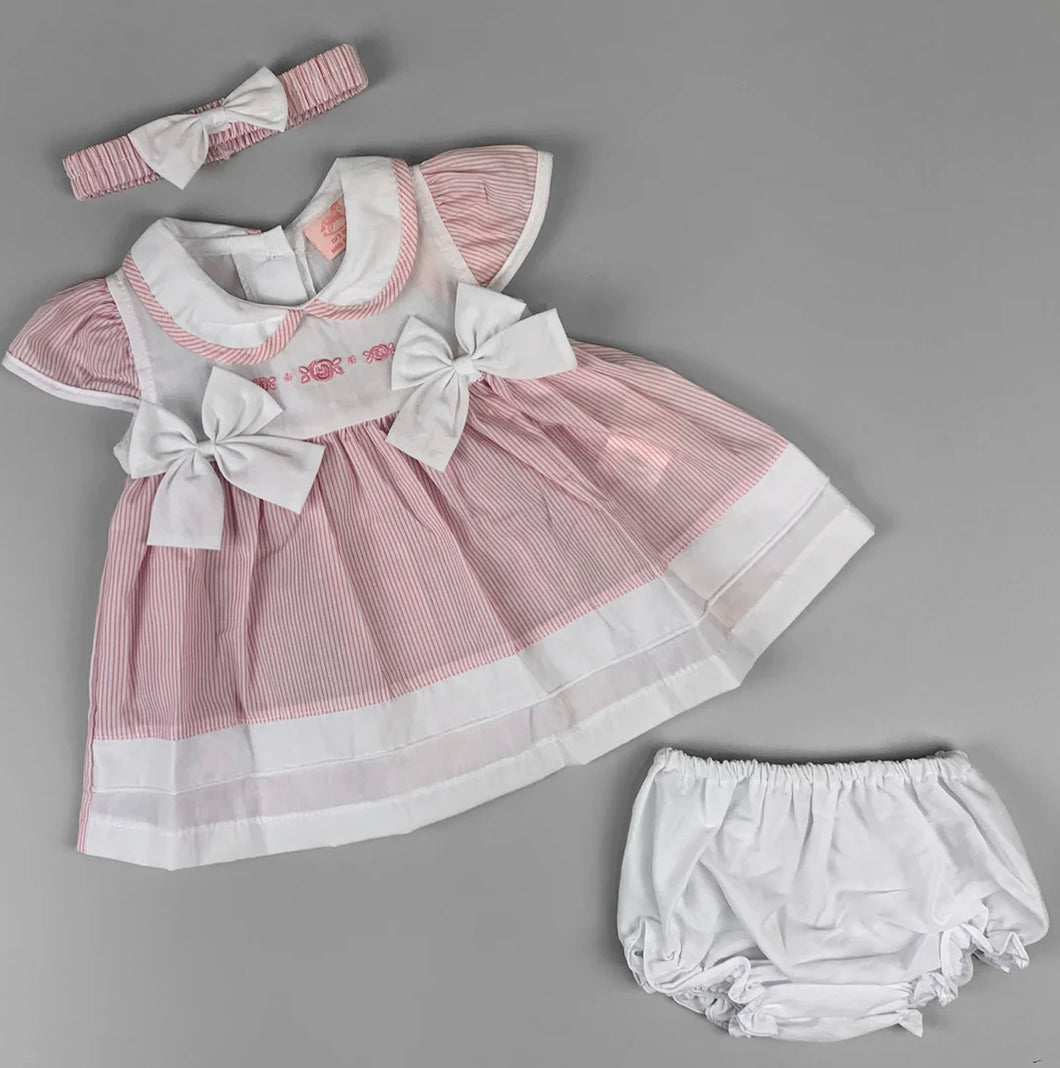 Rock-a-Bye Baby Girl Pink Striped Summer Dress Set – Embroidered Front, Matching Headband & Knickers