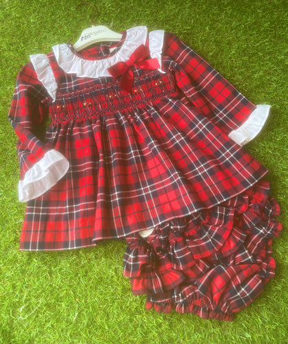 Caramelo Girls Tartan Frilly Hand Smocked Tartan Bloomer Set