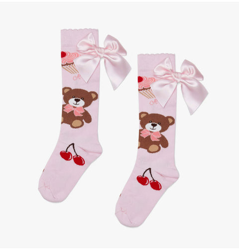 A Dee Girls Teddy Bear Bakery Leah Bear Print Bow Knee High Socks - Pink Fairy