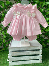 Load image into Gallery viewer, Pretty Originals Girls Smocked Double Bow Bloomer Set - Pink &amp; Cream