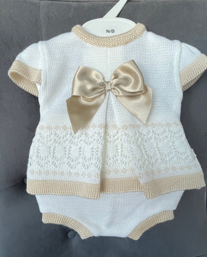 Little Nosh Baby Girls Knitted Jam Pant Set - White & Camel