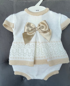 Little Nosh Baby Girls Knitted Jam Pant Set - White & Camel