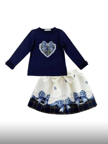 Giorgio Bambini Girls Bow Tartan Skirt Set - Navy
