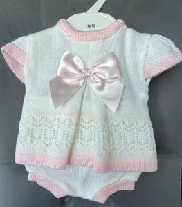 Little Noah Baby Girls Knitted Jam Pant Set - White & Pink