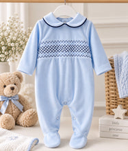 Load image into Gallery viewer, Baby Boys Smocked Velour Baby Grow - Baby Blue/Navy