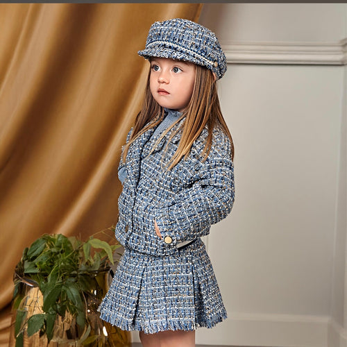 Abel & Lula Girls Tweed Jacket & Skirt Set - Sky Blue