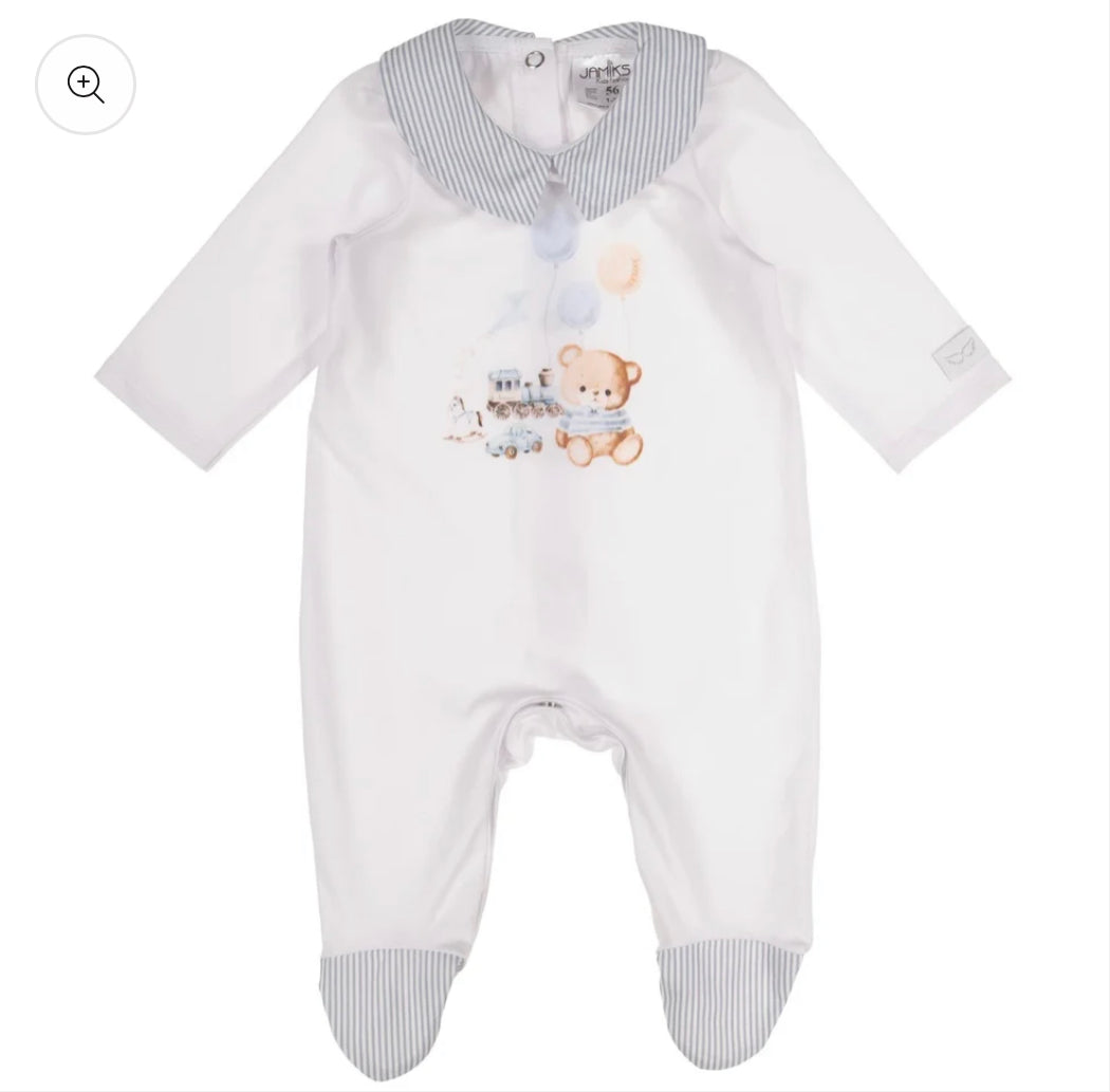 Jamiks Baby Boys Teddy Bear Babygrow - White & Blue