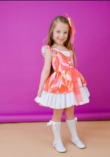 BABINE GIRLS Coral & Orange Abstract Tulle Dress
