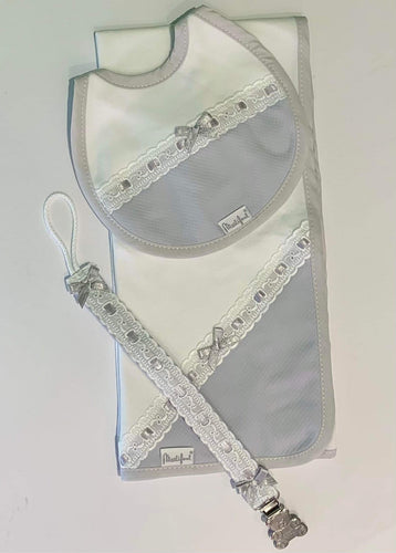 Spanish 3 Piece Muslin, Bib, Dummy Clip- Grey