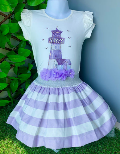 CARAMELO KIDS  Diamanté Light House Striped Skirt Set - Lilac