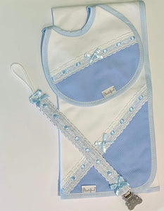 Spanish 3 Piece Muss Muslin Bib & Dummy Clip Set