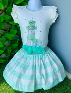 Caramelo Kids Girls Diamanté Light House Striped Skirt Set - Mint