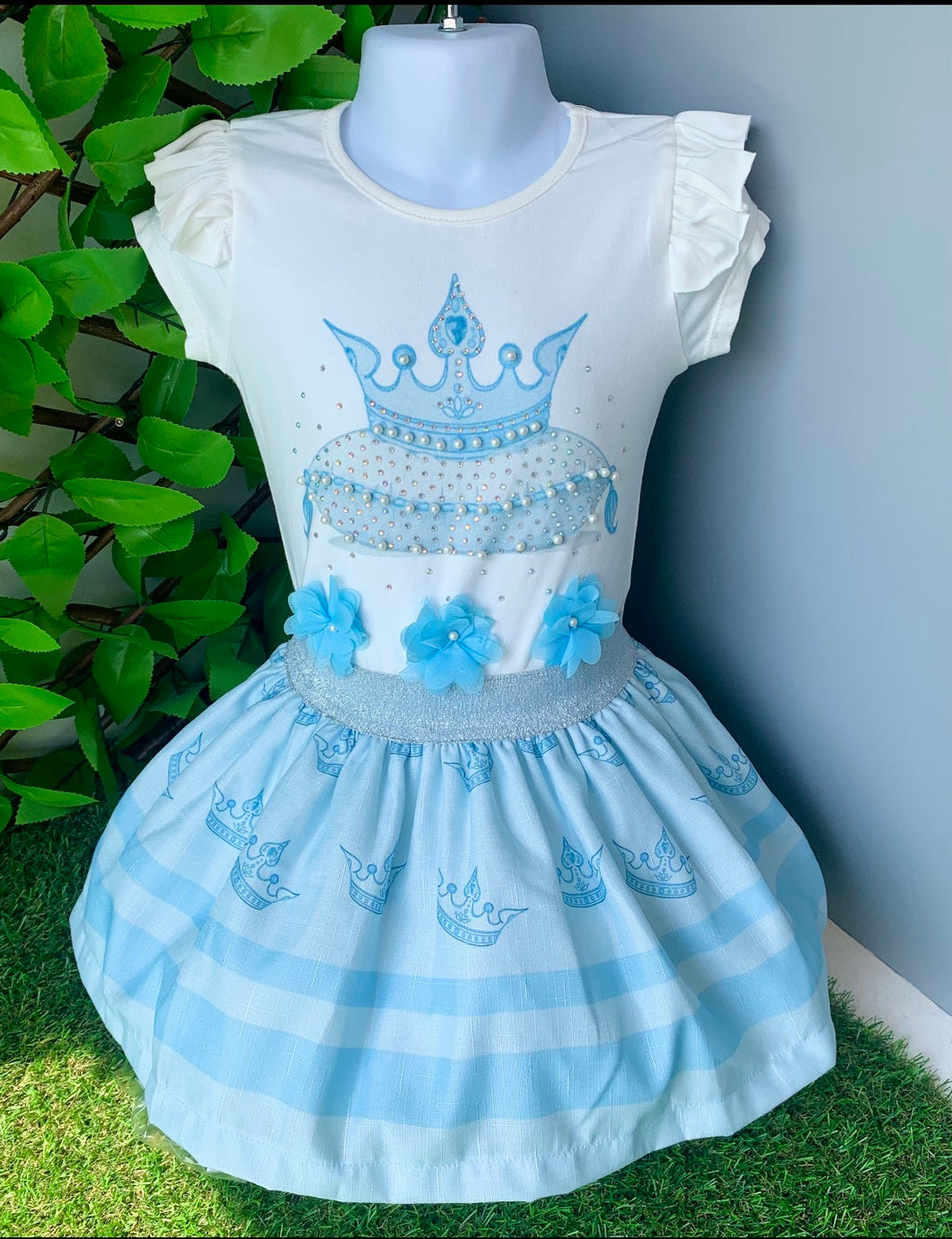 Caramelo Kids Girls Pearl Crown Skirt Set-Blue