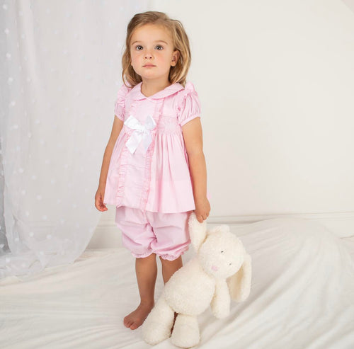 Caramelo Pink Smocked Pyjama Ruffle Crown Bloomer Set