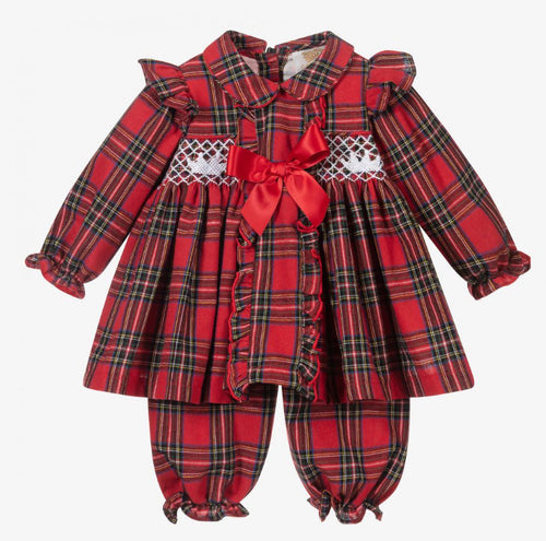 Caramelo Girls Ruffle Tartan Hand Smocked Bloom PJ Set