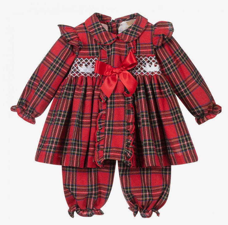 Caramelo Girls Ruffle Tartan Hand Smocked Bloom PJ Set