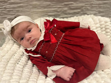 Load image into Gallery viewer, Caramelo Baby Girls Red Hand Smocked Bow Jampant Set