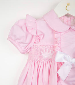 Caramelo Pink Smocked Pyjama Ruffle Crown Bloomer Set