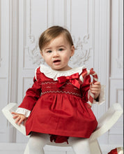 Load image into Gallery viewer, Caramelo Baby Girls Red Hand Smocked Bow Jampant Set