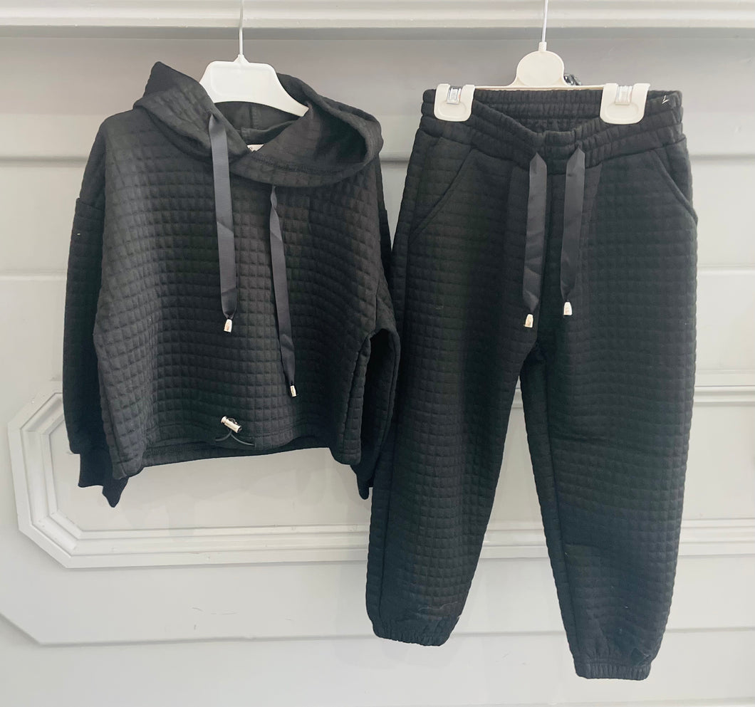 Girls Black Waffle Lounge Wear Set