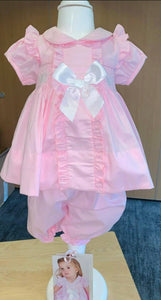 Caramelo Pink Smocked Pyjama Ruffle Crown Bloomer Set