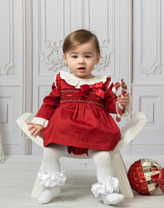 Caramelo Baby Girls Red Hand Smocked Bow Jampant Set